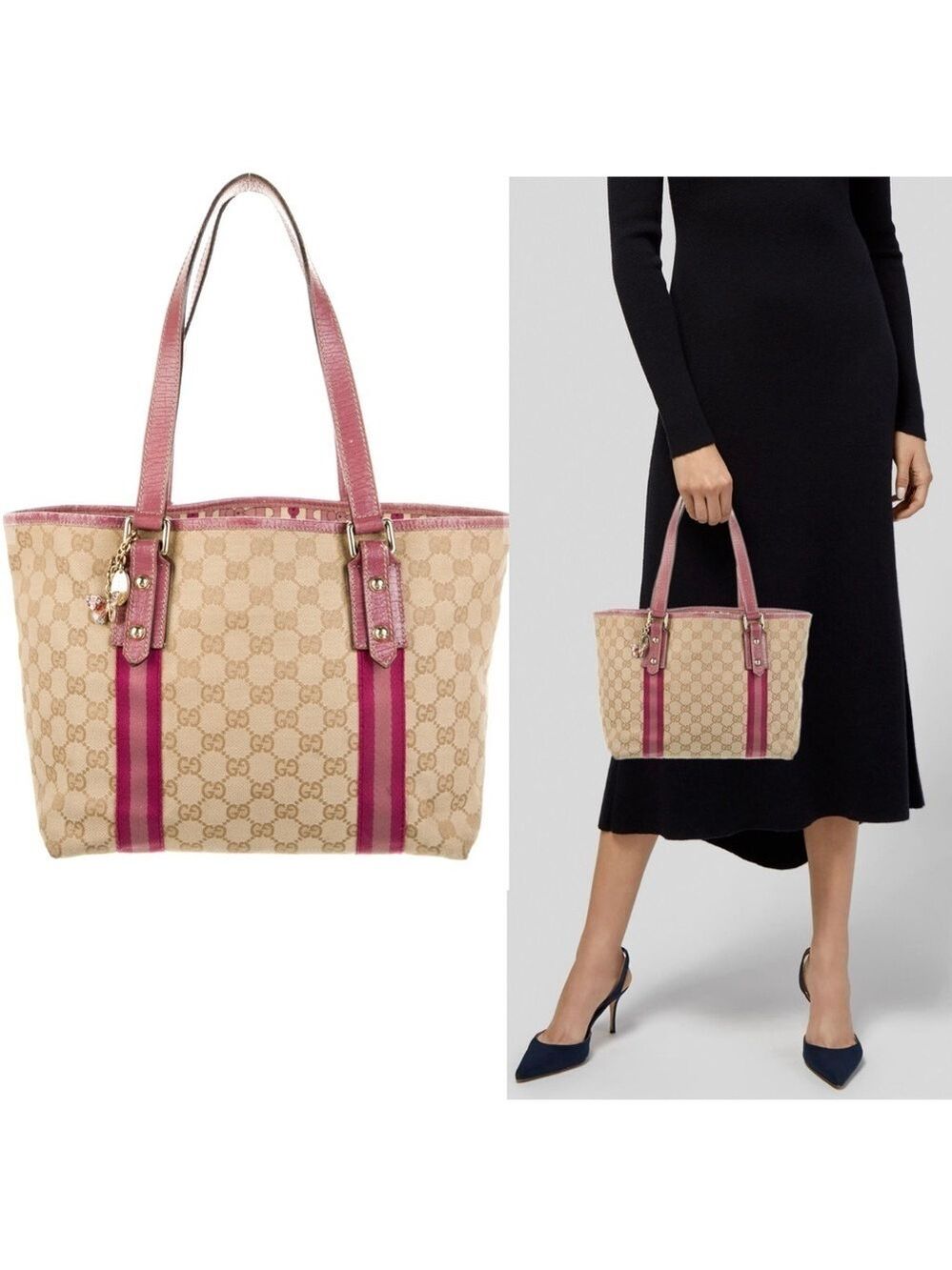 Gucci Authentic Pink Tan brown monogram GG Canvas Jolicoeur tote bag purse
